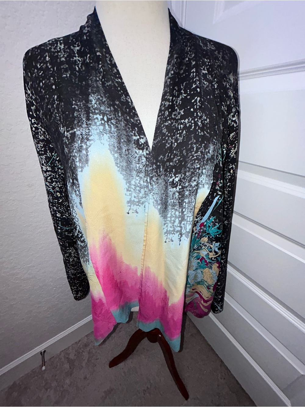 Citron Santa Monica Open Front 100% Silk Blouse Shirt Kimono Statement Top